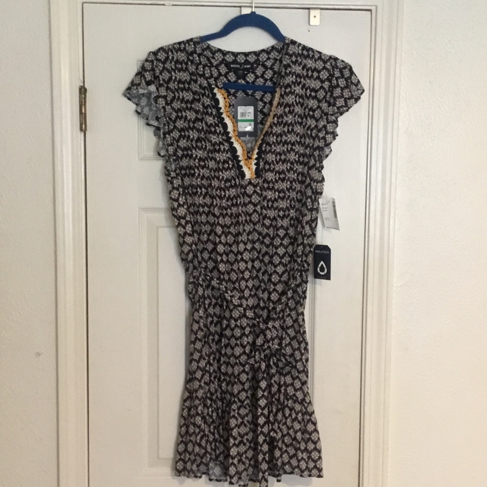 NWT Nautica Jeans Siesta Key Beach Printed V-Neck Mini Dress with Yellow Trim